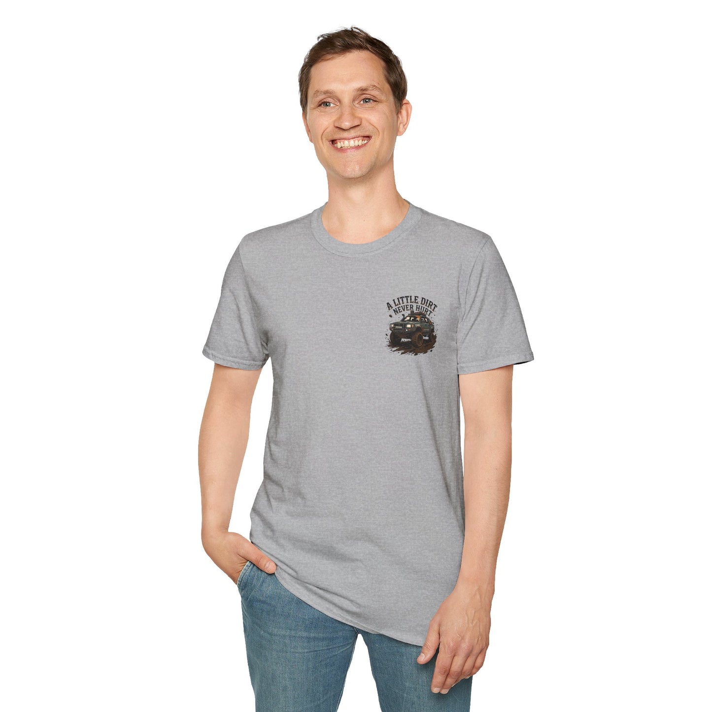 Off-Road T-Shirt — "A Little Dirt Never Hurt" Mud Truck Graphic - Stone blue