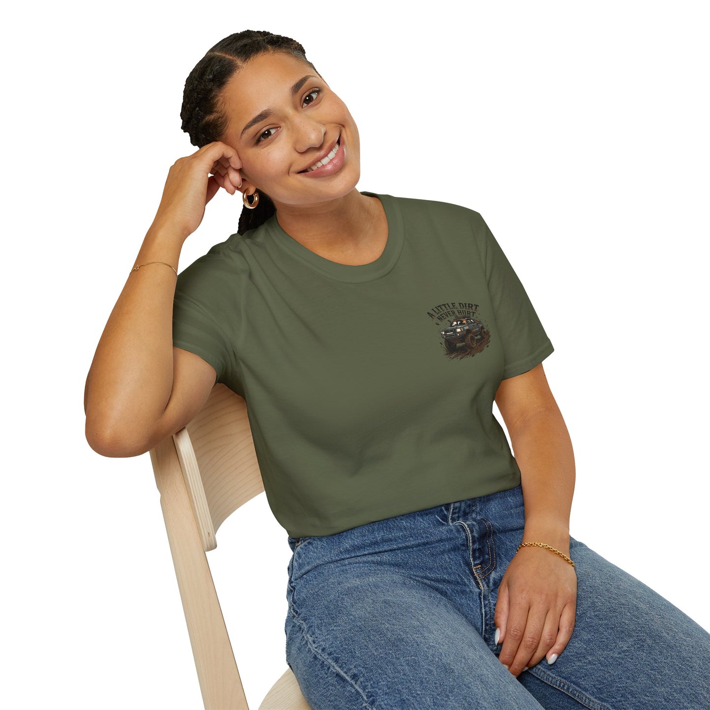 Off-Road T-Shirt — "A Little Dirt Never Hurt" Mud Truck Graphic - Stone blue