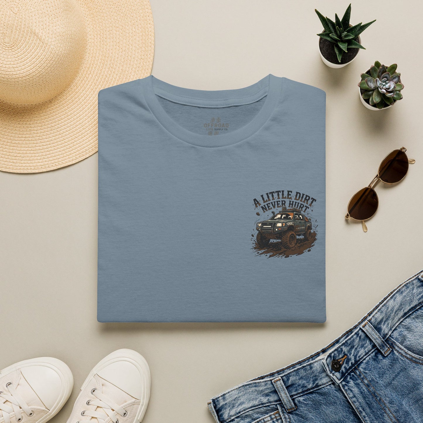 Off-Road T-Shirt — "A Little Dirt Never Hurt" Mud Truck Graphic - White