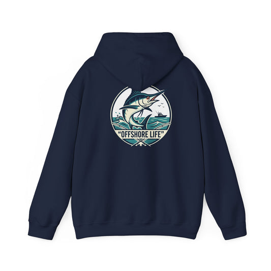 Marlin Offshore Life Hoodie — Fishing Graphic Hooded Sweatshirt - Navy