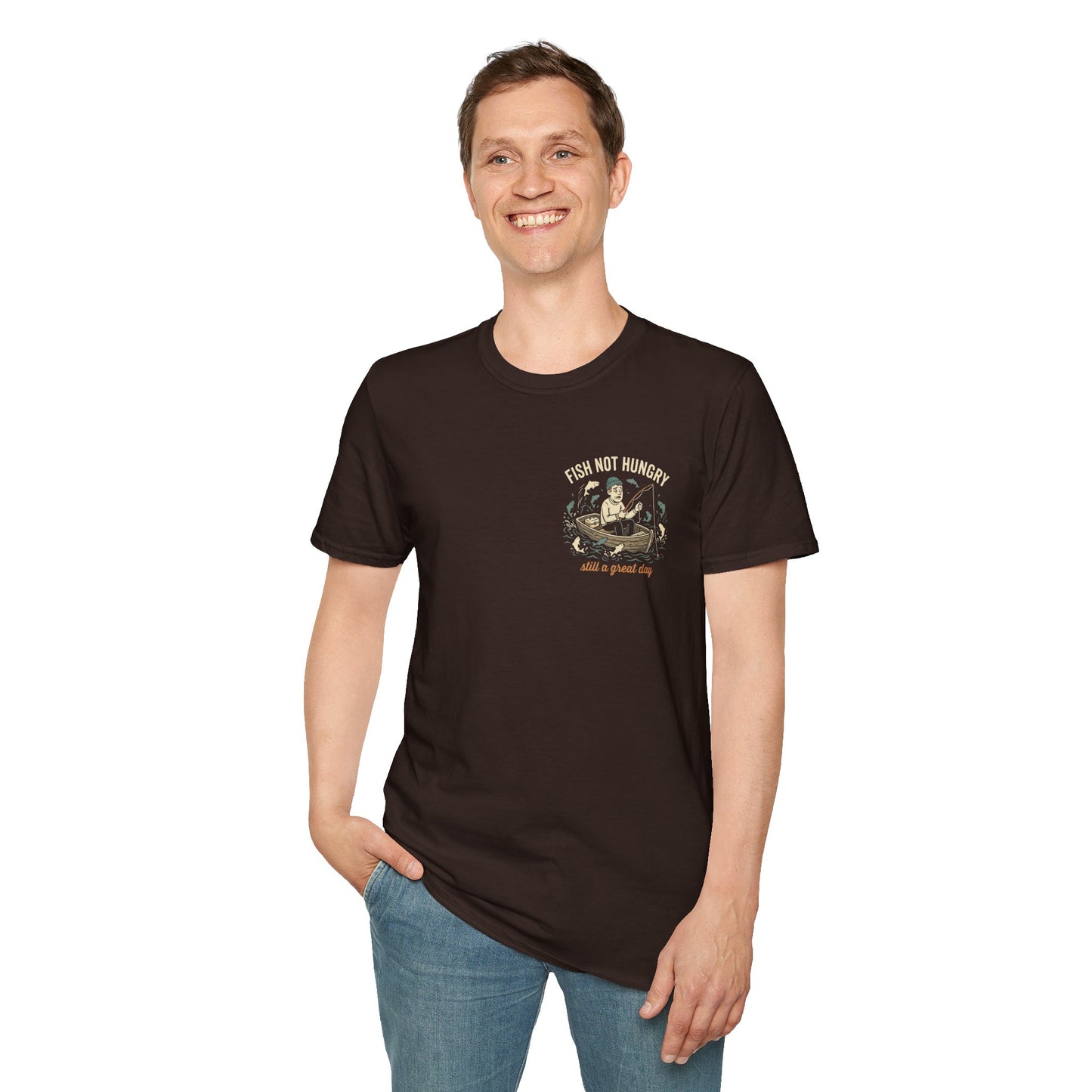 Fishing T-Shirt — "Fish Not Hungry, Still a Great Day" Vintage Angler Tee - Brown