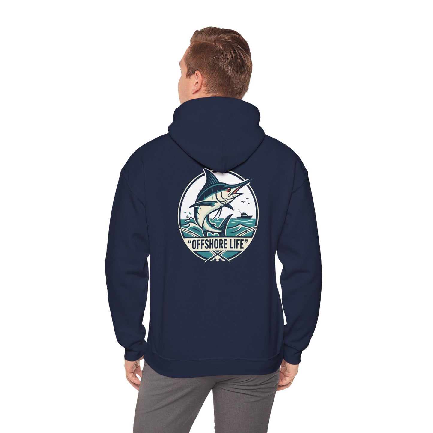 Marlin Offshore Life Hoodie — Fishing Graphic Hooded Sweatshirt - Navy