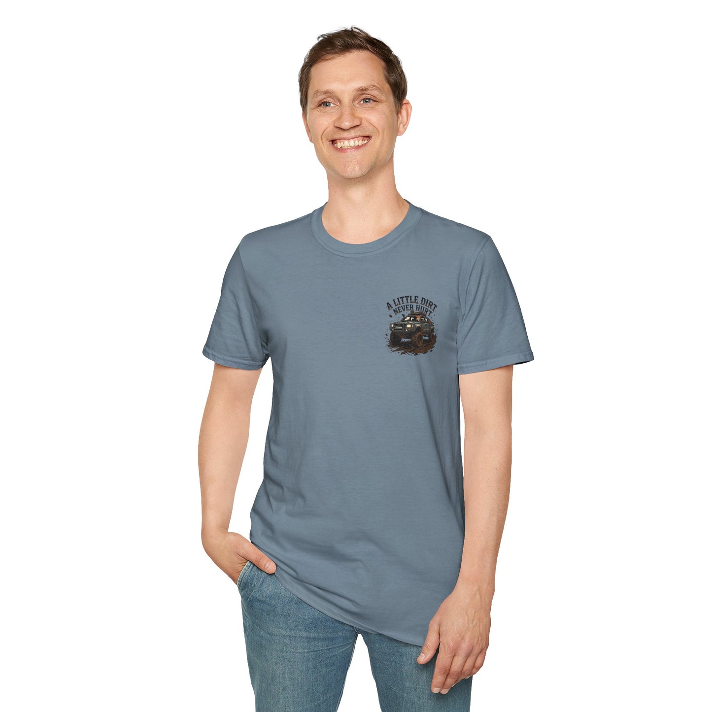 Off-Road T-Shirt — "A Little Dirt Never Hurt" Mud Truck Graphic - Stone blue