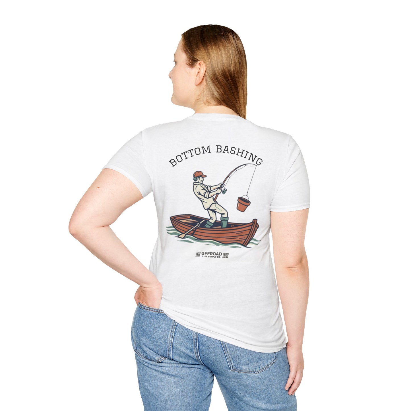 Fishing Tee — “Bottom Bashing” Boat Fishing Graphic T-Shirt - White