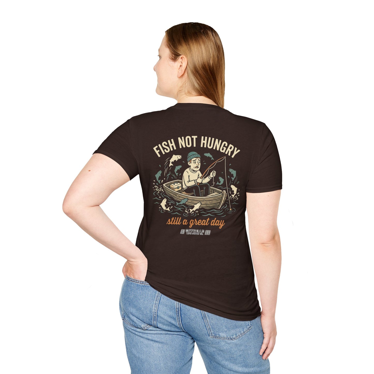 Fishing T-Shirt — "Fish Not Hungry, Still a Great Day" Vintage Angler Tee - Brown