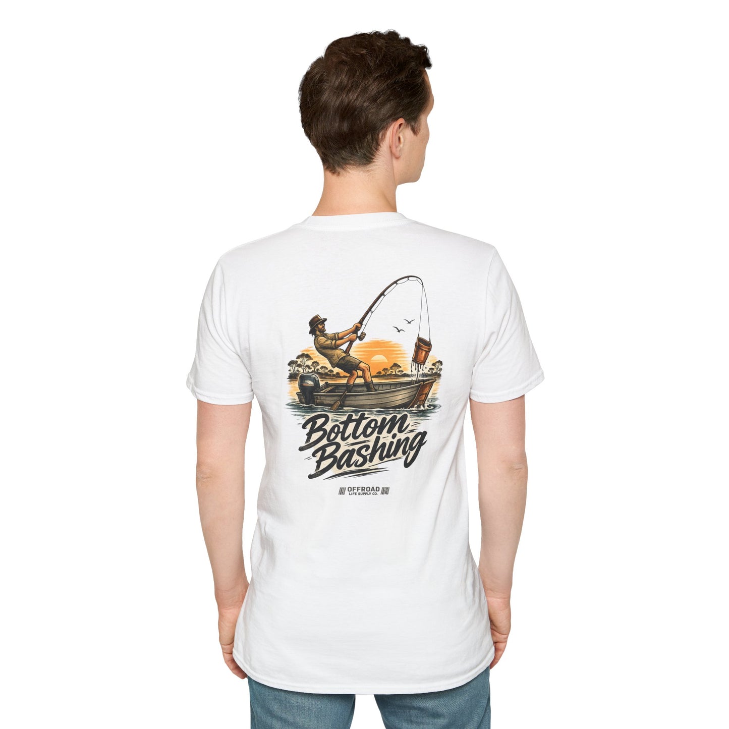 Fishing Tee — “Bottom Bashing” Boat Fishing Graphic T-Shirt - White