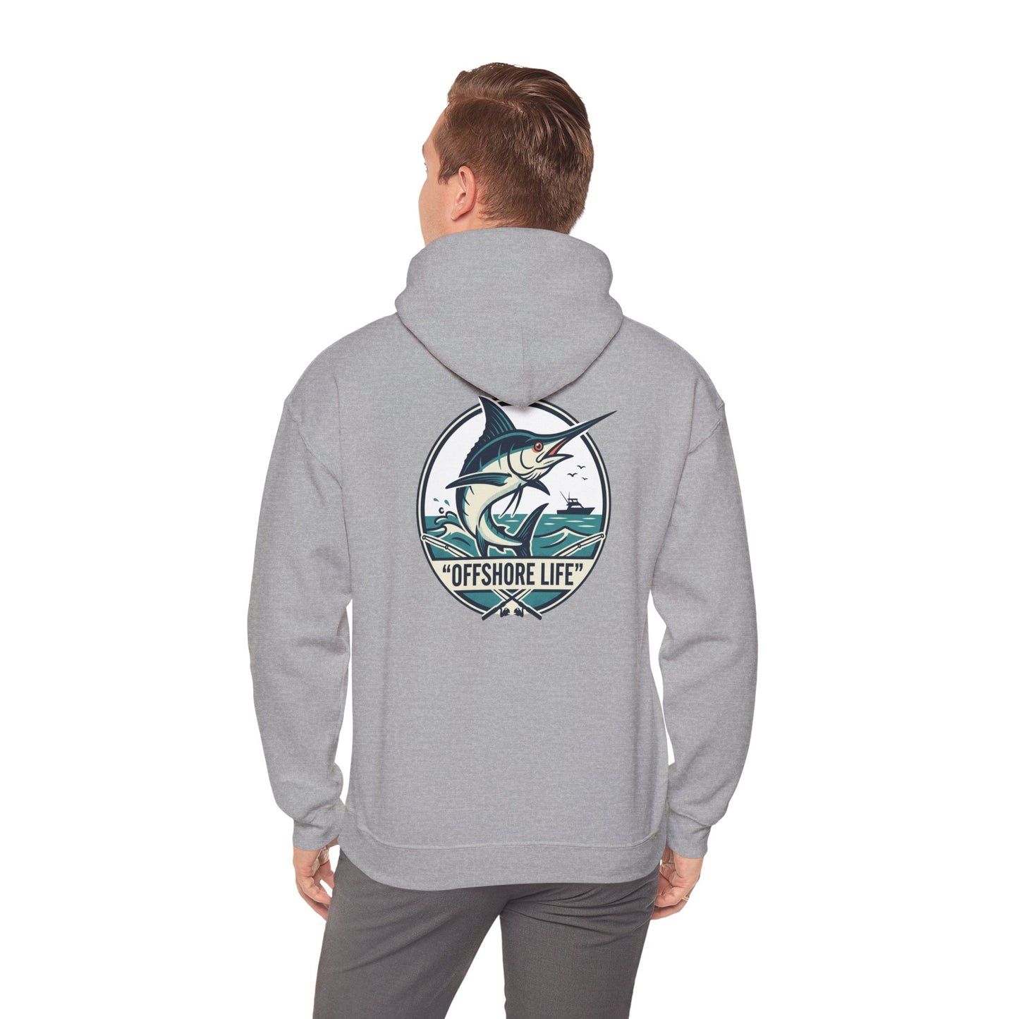 Marlin Offshore Life Hoodie — Fishing Graphic Hooded Sweatshirt - Navy