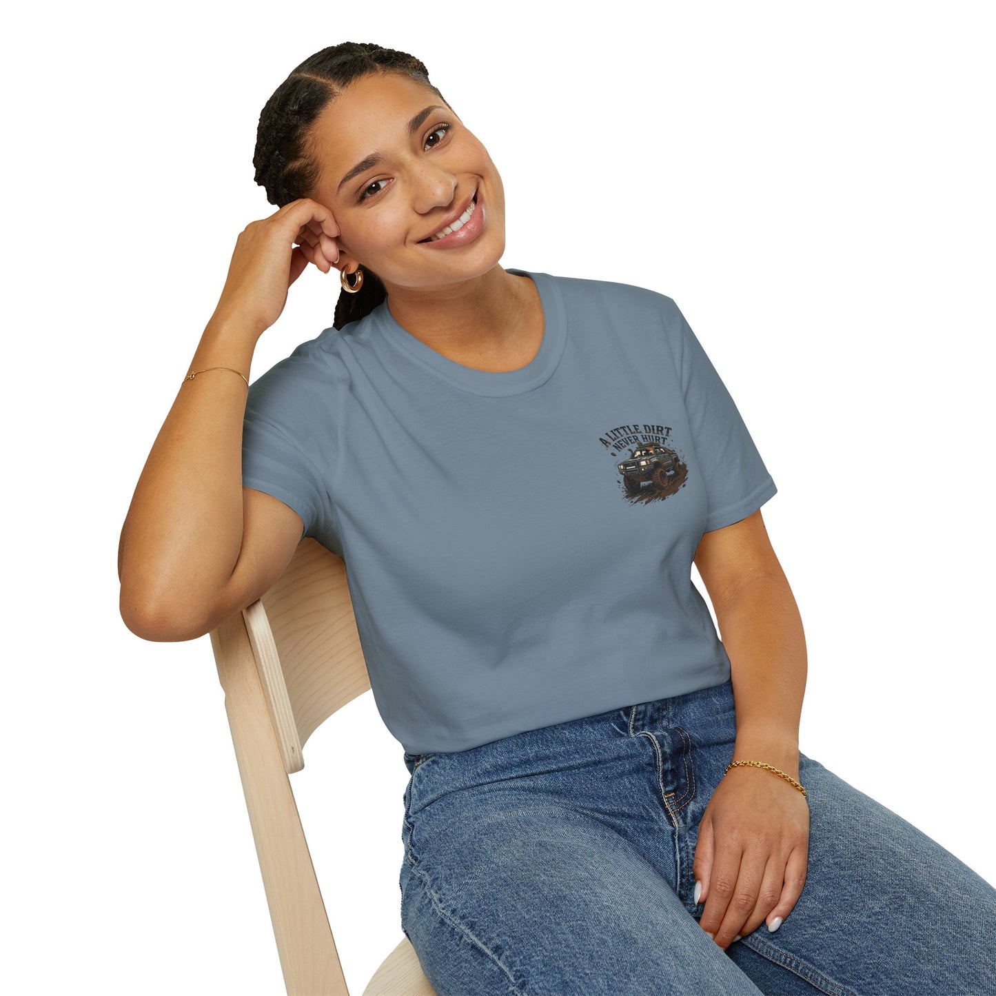 Off-Road T-Shirt — "A Little Dirt Never Hurt" Mud Truck Graphic - Stone blue