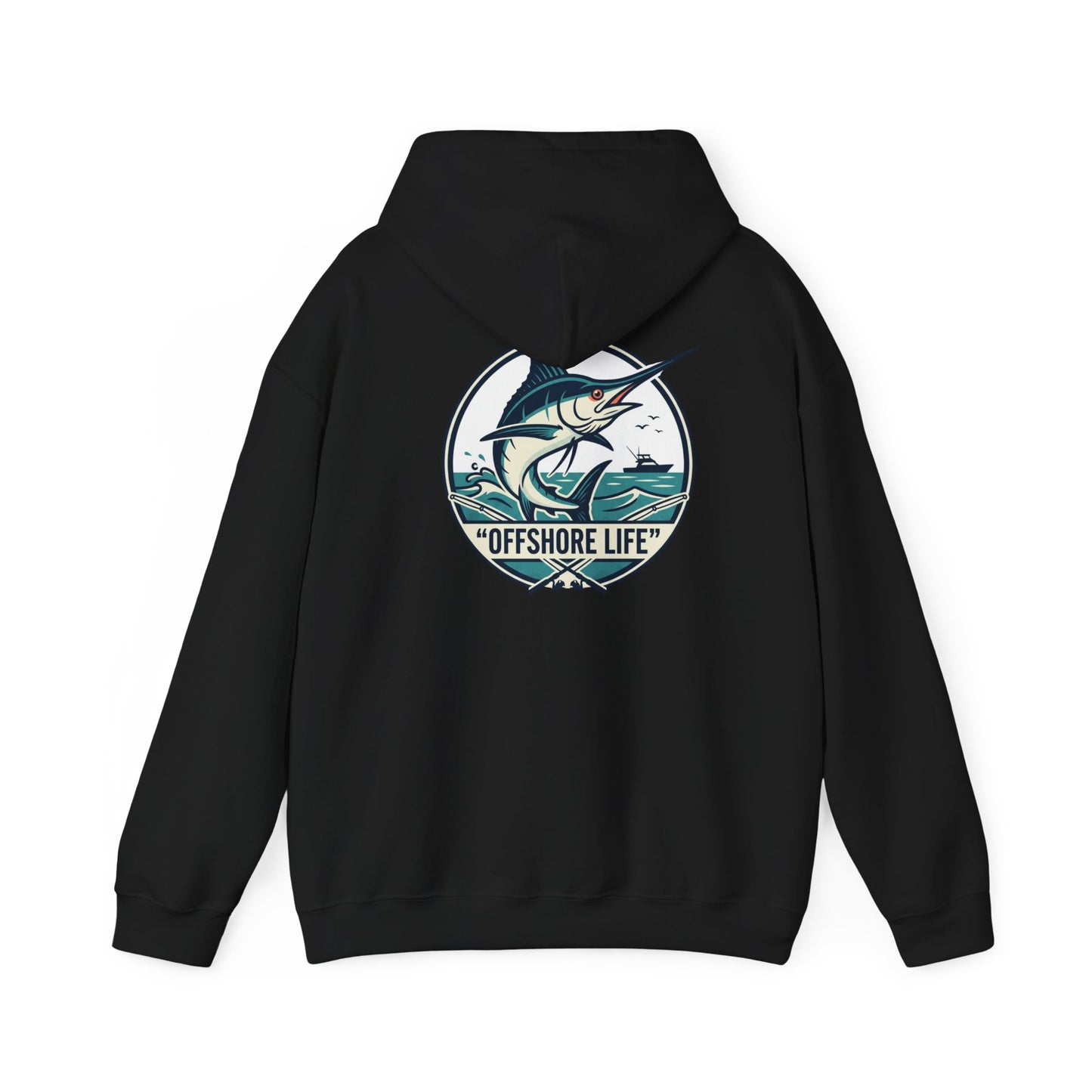 Marlin Offshore Life Hoodie — Fishing Graphic Hooded Sweatshirt - Navy