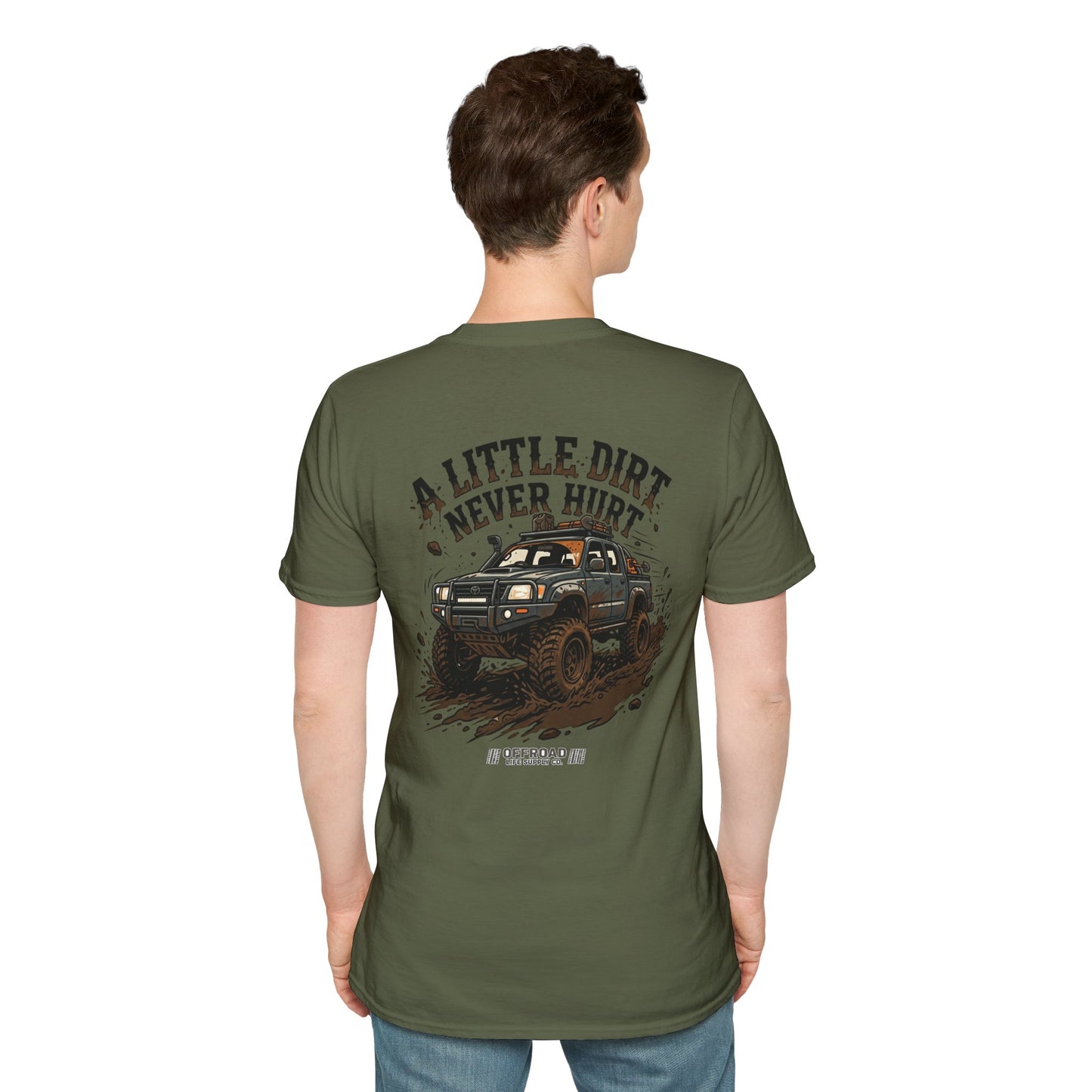 Off-Road T-Shirt — "A Little Dirt Never Hurt" Mud Truck Graphic - Stone blue