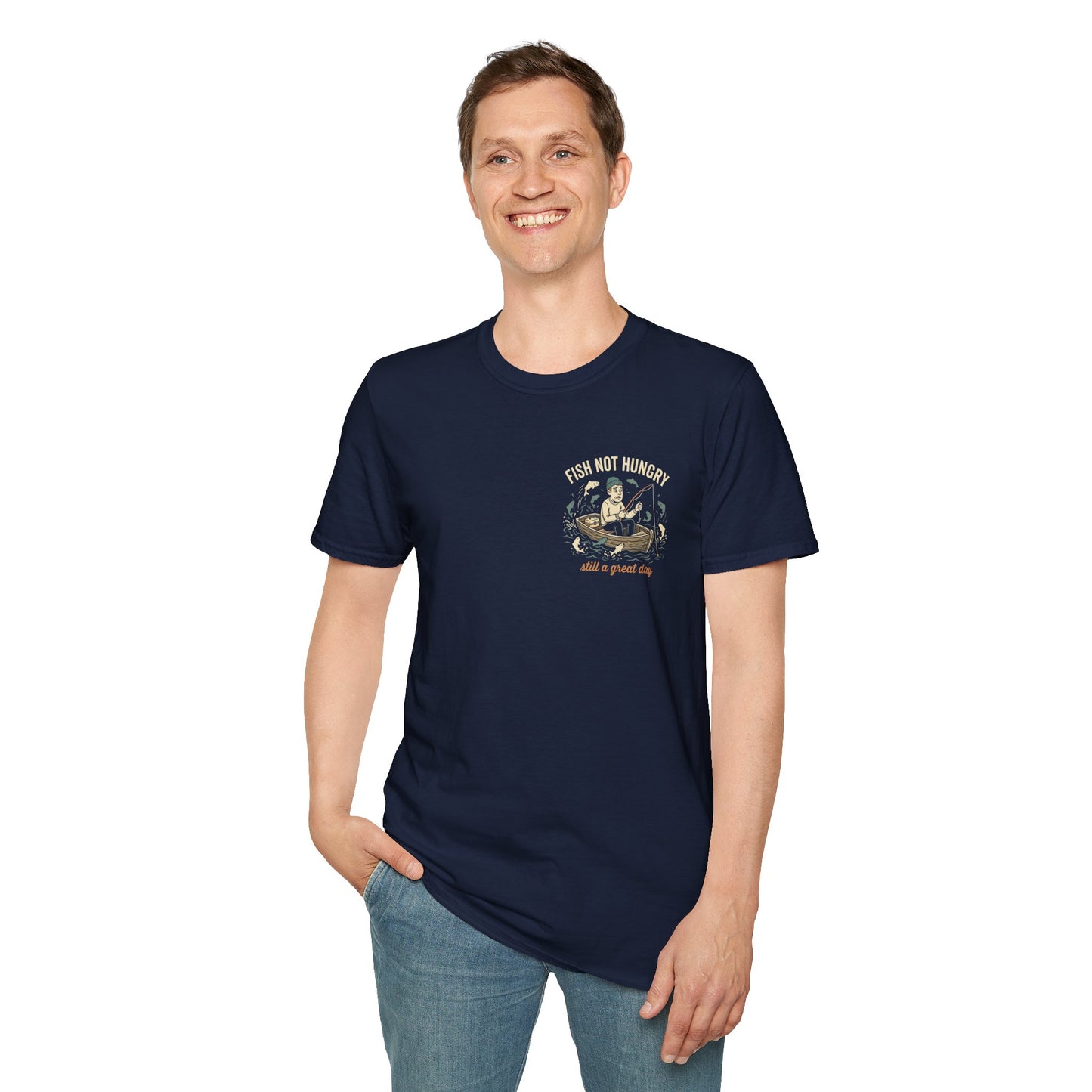 Fishing T-Shirt — "Fish Not Hungry, Still a Great Day" Vintage Angler Tee - Navy