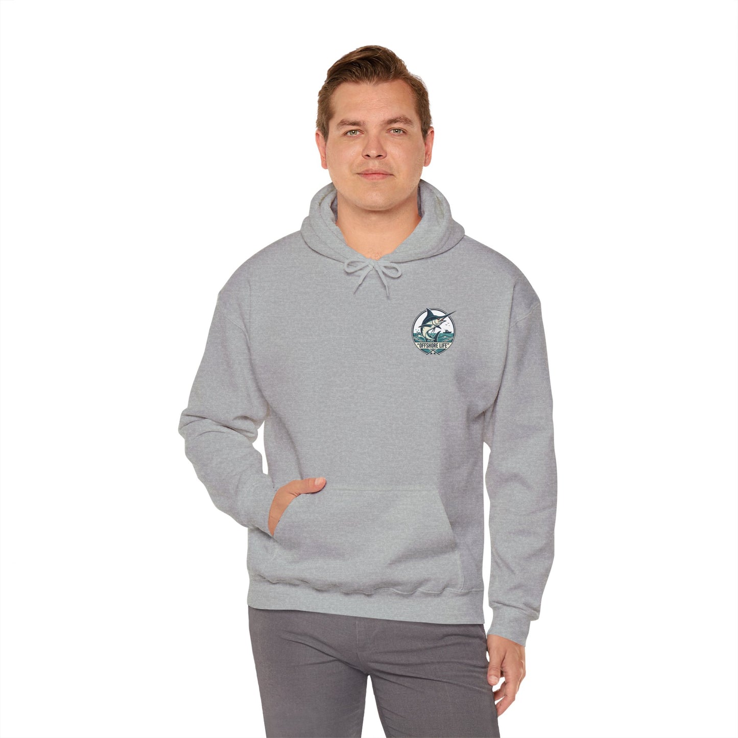 Marlin Offshore Life Hoodie — Fishing Graphic Hooded Sweatshirt - Navy