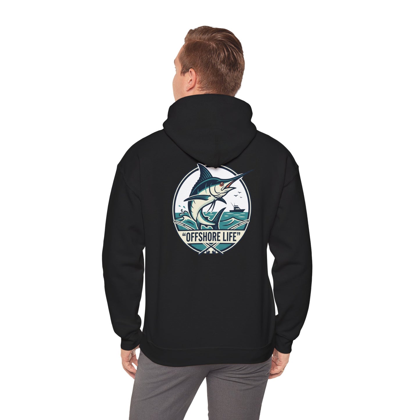 Marlin Offshore Life Hoodie — Fishing Graphic Hooded Sweatshirt - Navy