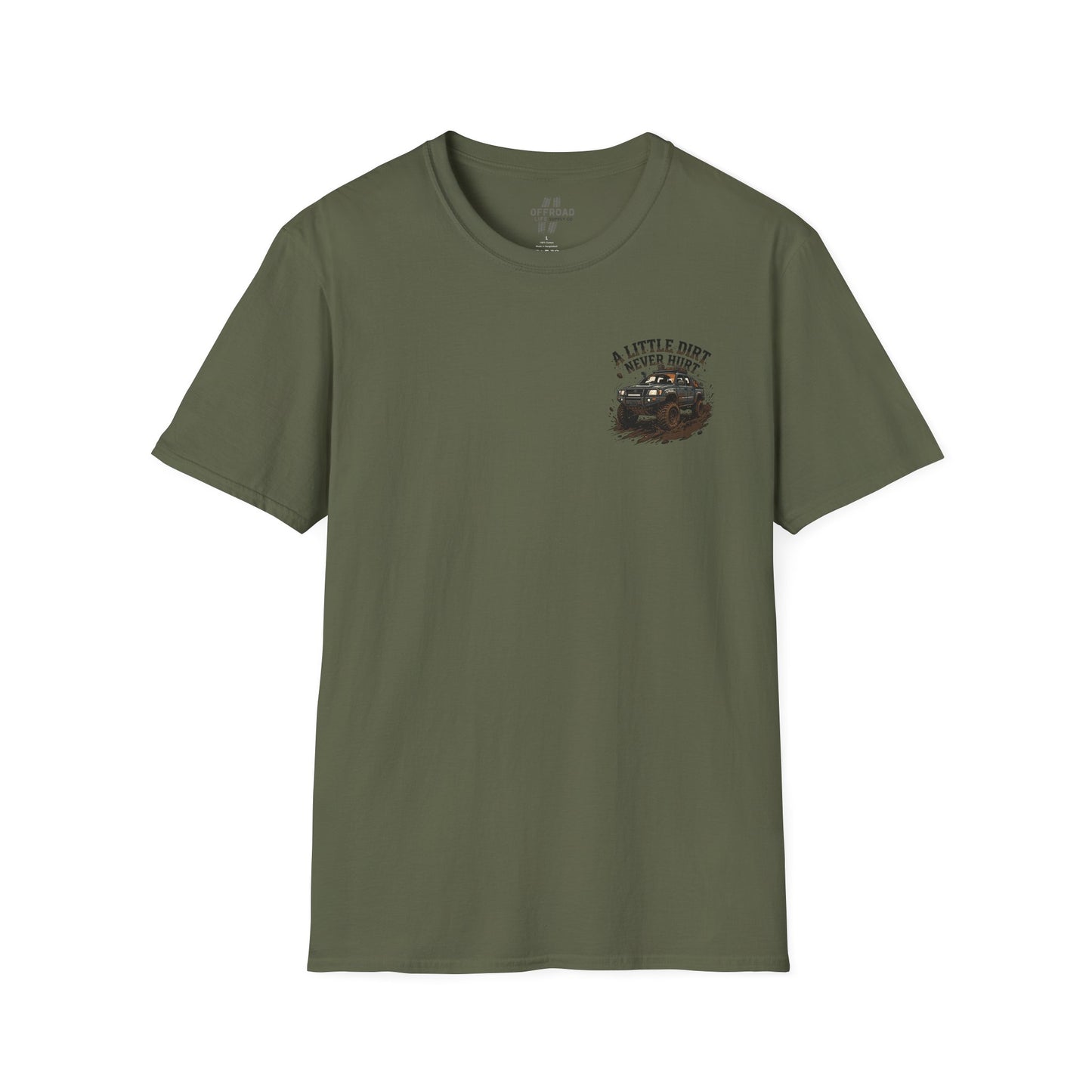 Off-Road T-Shirt — "A Little Dirt Never Hurt" Mud Truck Graphic - White